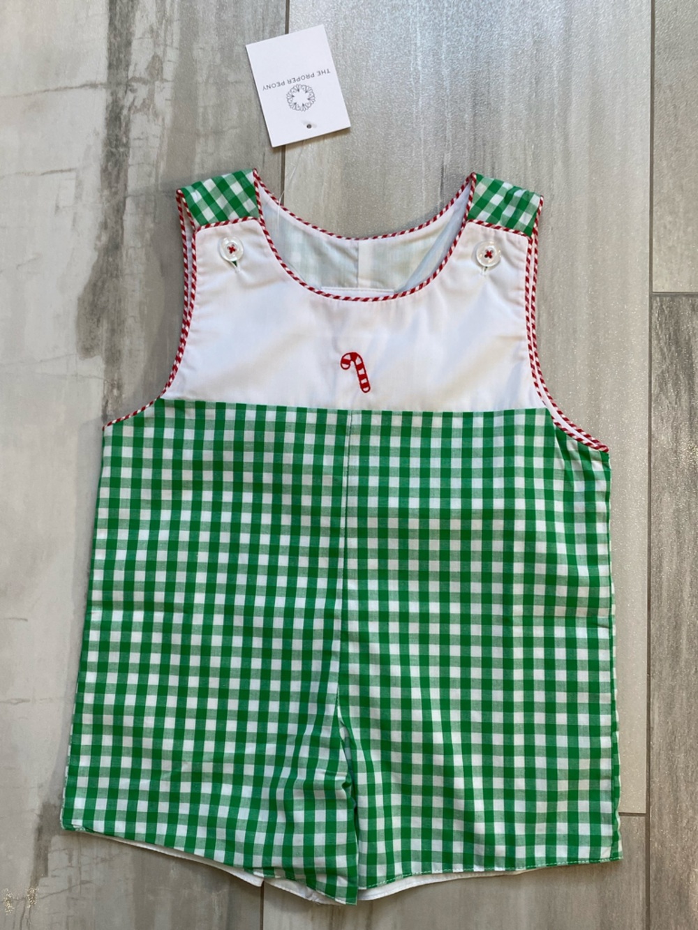 NWT The Proper Peony Green Gingham Candy Cane Embroider Shortall Romper boys 12M